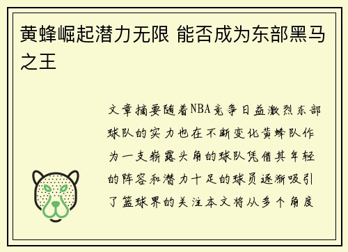 黄蜂崛起潜力无限 能否成为东部黑马之王
